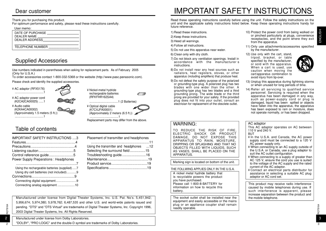 Panasonic RP-WH5000 manual Dear customer, Supplied Accessories, Table of contents 