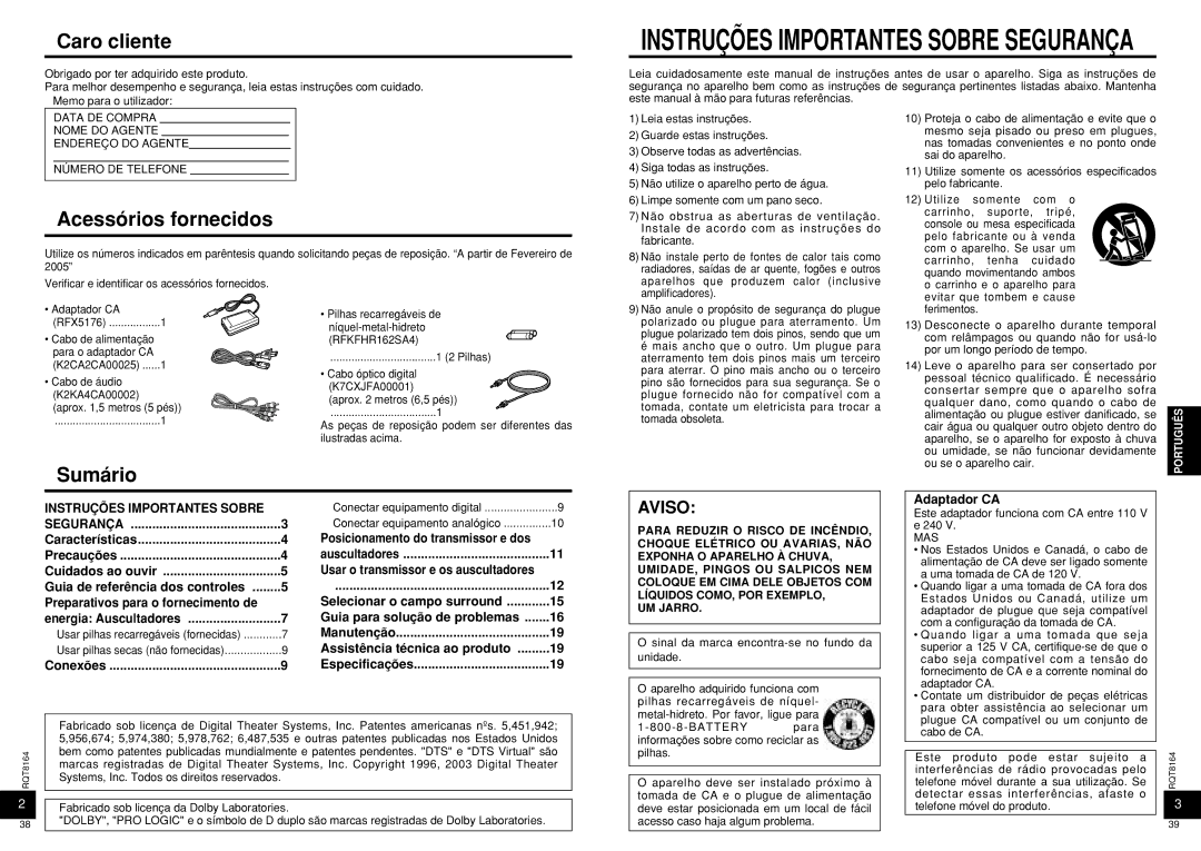 Panasonic RP-WH5000 manual Caro cliente, Acessórios fornecidos, Sumário 