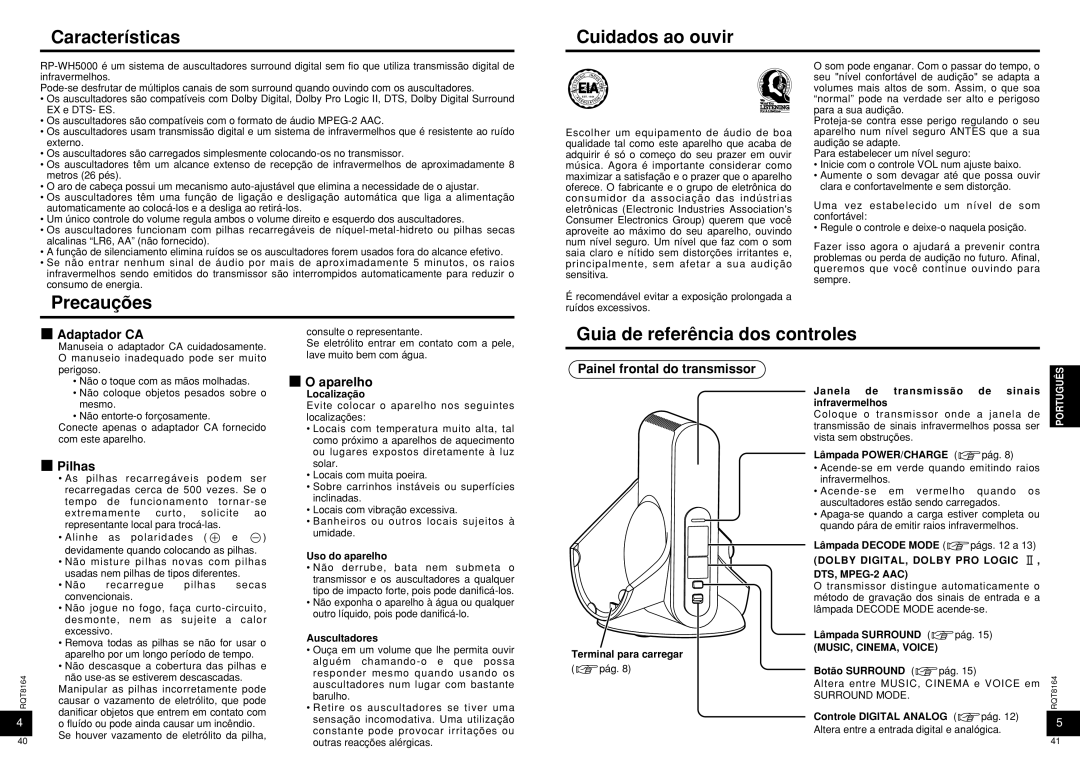 Panasonic RP-WH5000 manual Características Cuidados ao ouvir, Precauções, Guia de referência dos controles 