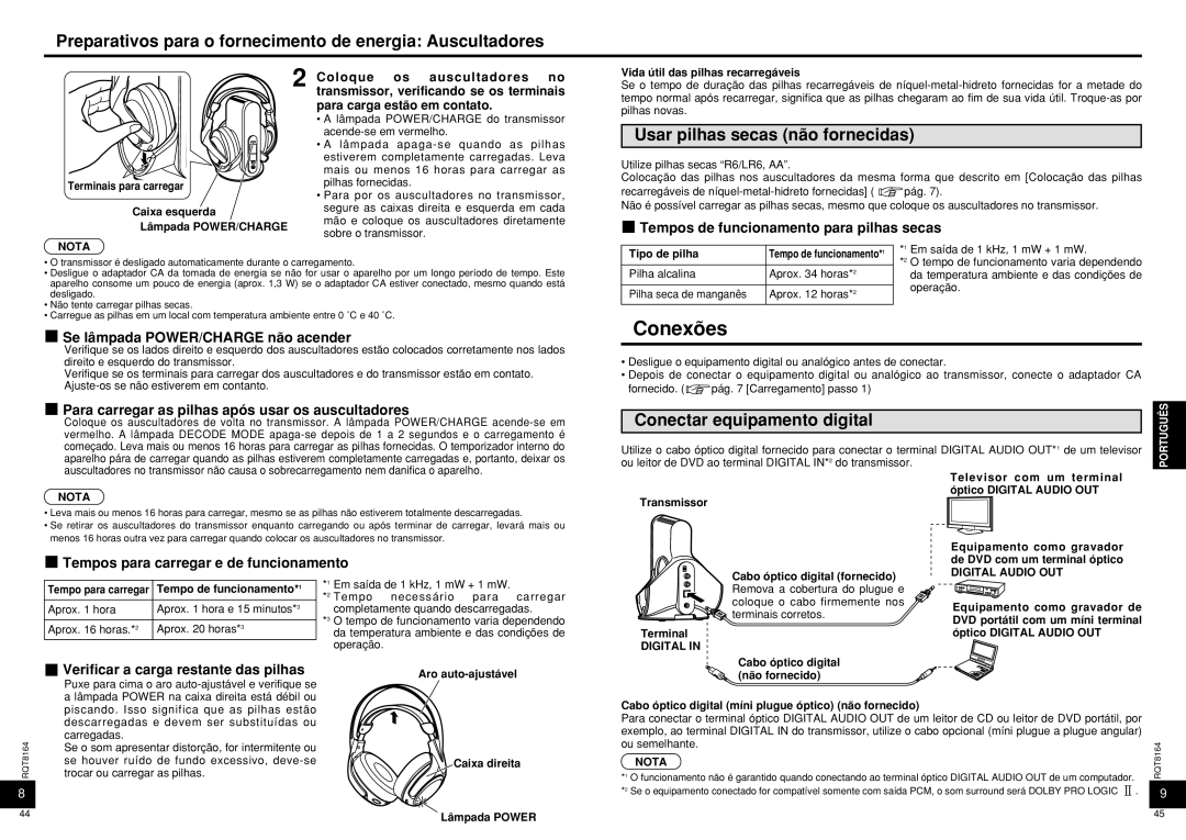 Panasonic RP-WH5000 Conexões, Preparativos para o fornecimento de energia Auscultadores, Usar pilhas secas não fornecidas 