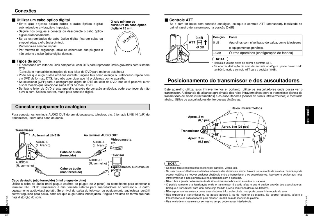 Panasonic RP-WH5000 manual Posicionamento do transmissor e dos auscultadores, Conexões, Conectar equipamento analógico 