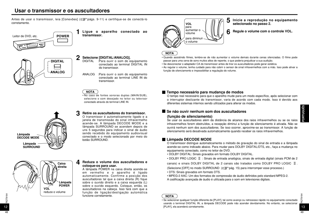 Panasonic RP-WH5000 Usar o transmissor e os auscultadores, Tempo necessário para mudança de modos, Função de silenciamento 