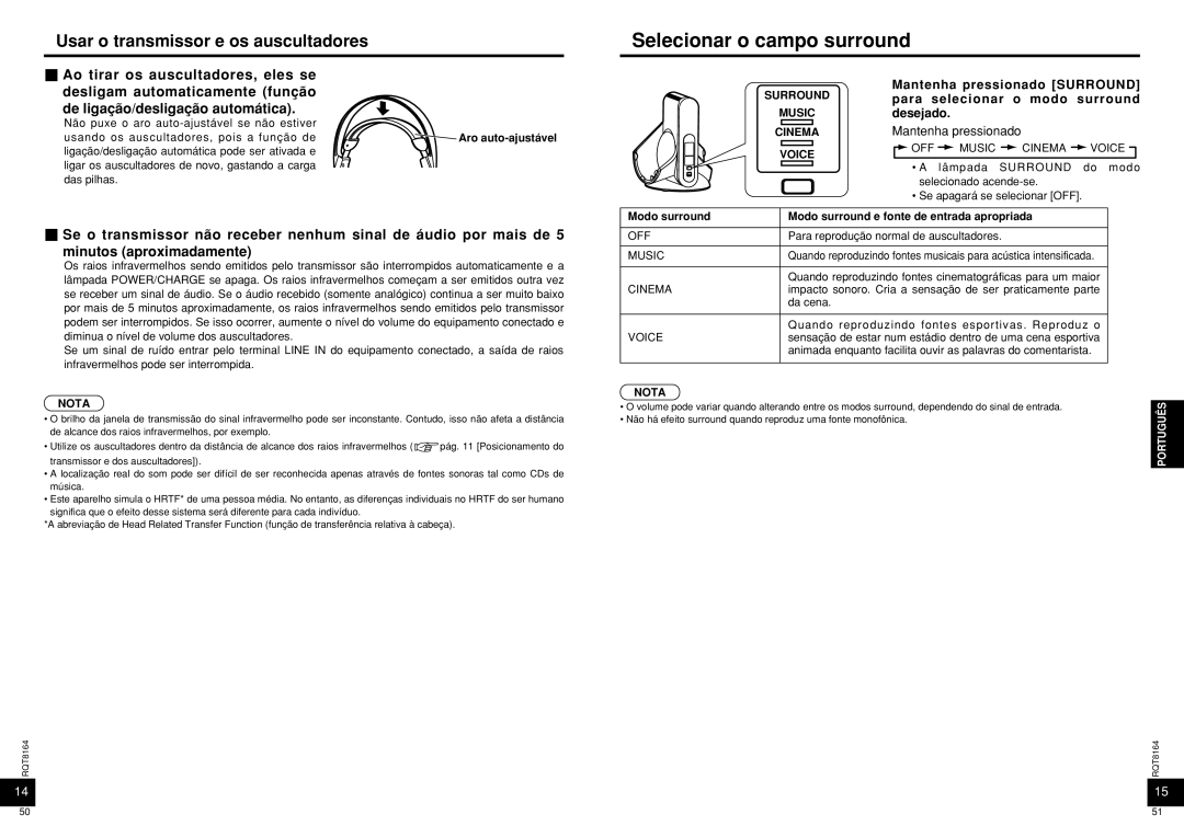 Panasonic RP-WH5000 manual Selecionar o campo surround, Usar o transmissor e os auscultadores 