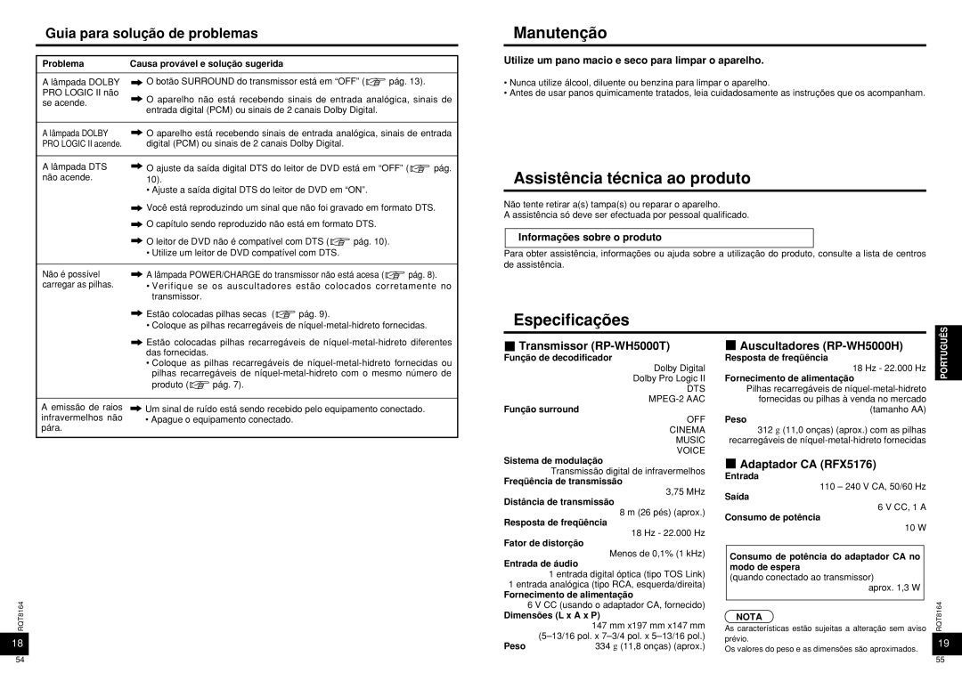 Panasonic RP-WH5000 manual Manutenção, Assistência técnica ao produto, Especificações, Guia para solução de problemas 