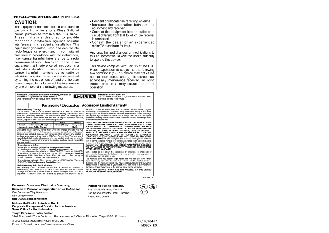 Panasonic RP-WH5000 manual Device, pursuant to Part 15 of the FCC Rules, These limits are designed to Provide, M0205TK0 