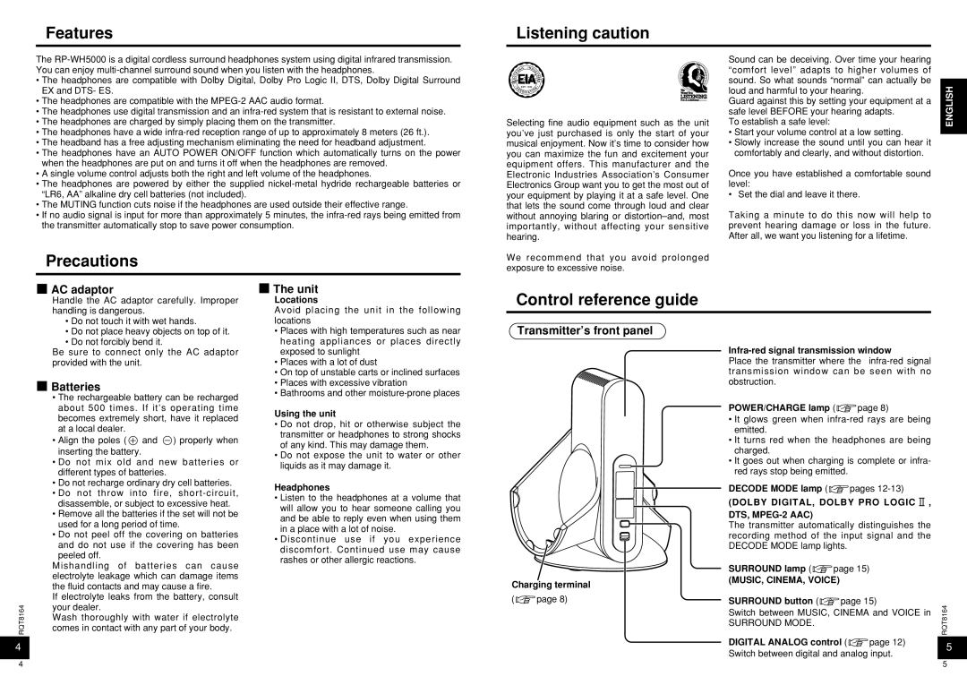 Panasonic RP-WH5000 manual Features, Precautions Listening caution, Control reference guide 