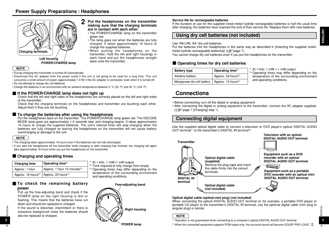 Panasonic RP-WH5000 manual Connections, Power Supply Preparations Headphones, Using dry cell batteries not included 