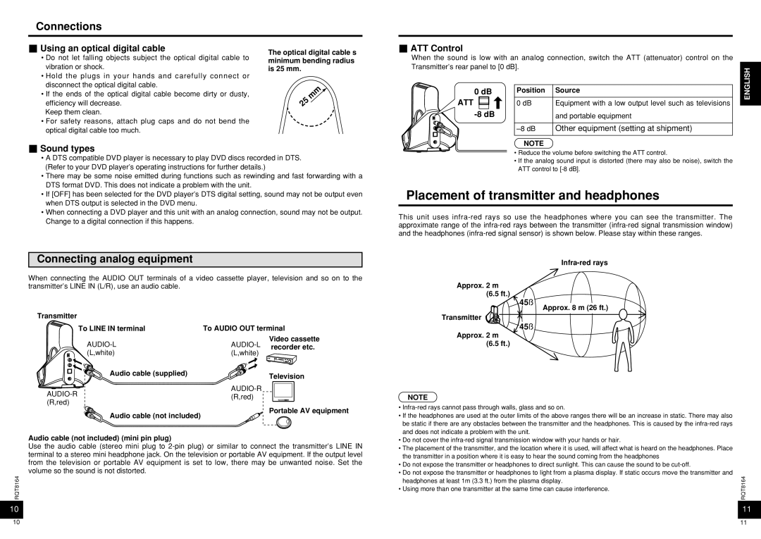 Panasonic RP-WH5000 manual Placement of transmitter and headphones, Connections, Connecting analog equipment 