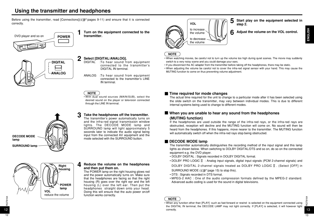 Panasonic RP-WH5000 manual Using the transmitter and headphones, Time required for mode changes, Decode Mode lamp 