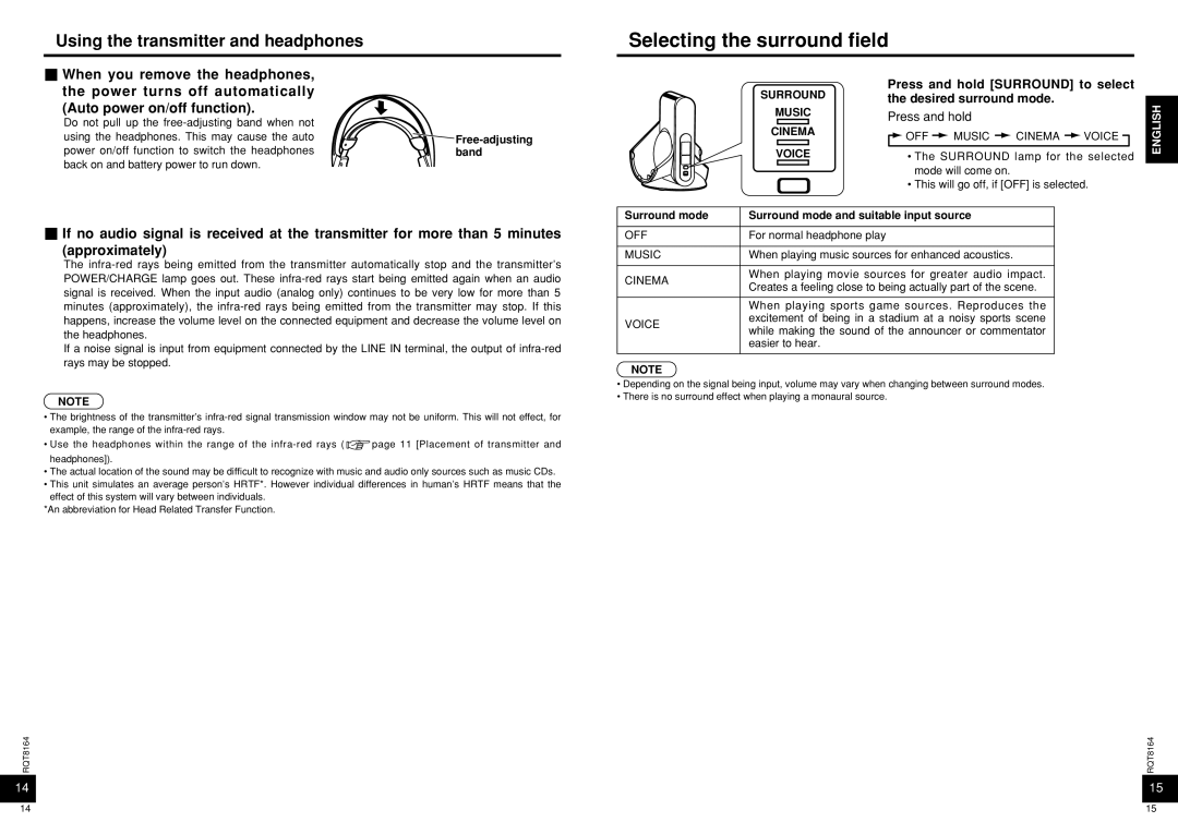 Panasonic RP-WH5000 manual Selecting the surround field, Using the transmitter and headphones, Surround Music Cinema Voice 