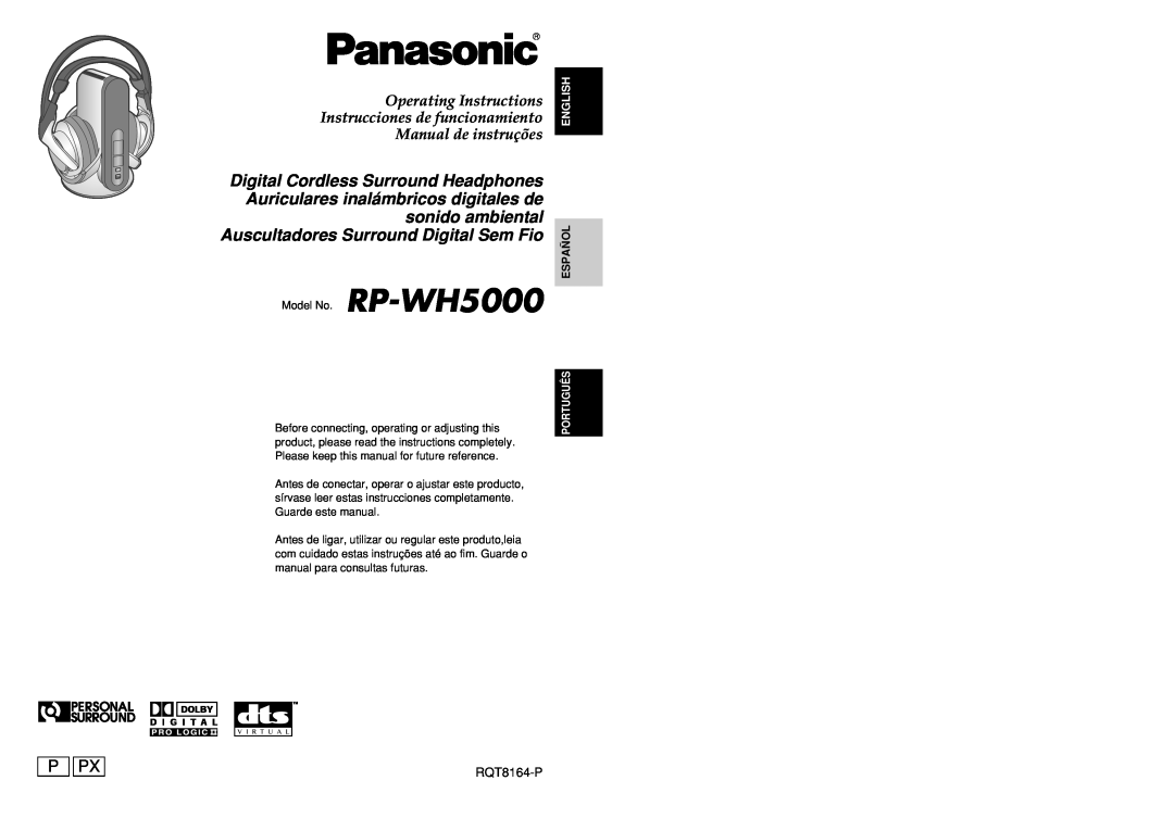 Panasonic RP-WH5000 manual RQT8164-P, Digital Cordless Surround Headphones, Auriculares inalámbricos digitales de, P Px 