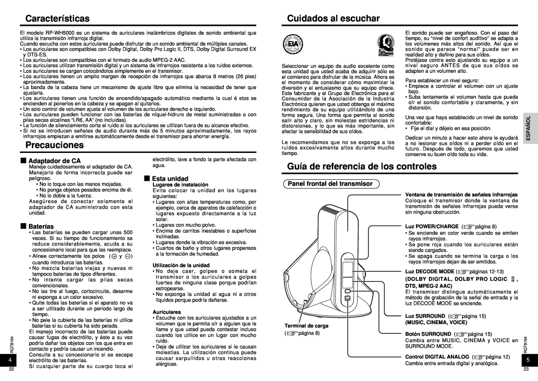 Panasonic RP-WH5000 Características, Cuidados al escuchar, Precauciones, Guía de referencia de los controles, Esta unidad 