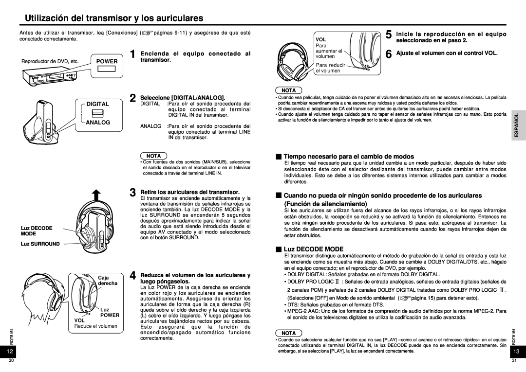 Panasonic RP-WH5000 manual Utilización del transmisor y los auriculares, Tiempo necesario para el cambio de modos 