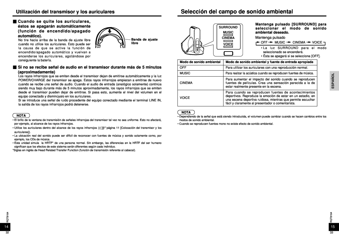 Panasonic RP-WH5000 manual Selección del campo de sonido ambiental, Utilización del transmisor y los auriculares 
