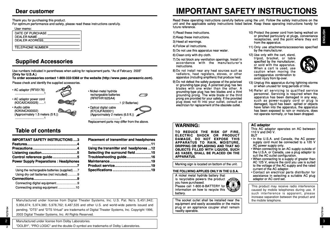 Panasonic RP-WH5000 manual Supplied Accessories, Table of contents, Important Safety Instructions 