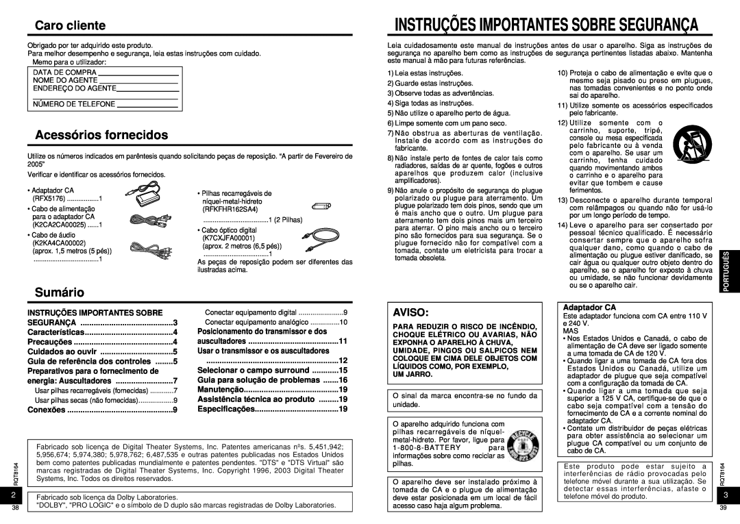 Panasonic RP-WH5000 manual Caro cliente, Instruções Importantes Sobre Segurança, Acessórios fornecidos, Sumário, Aviso 