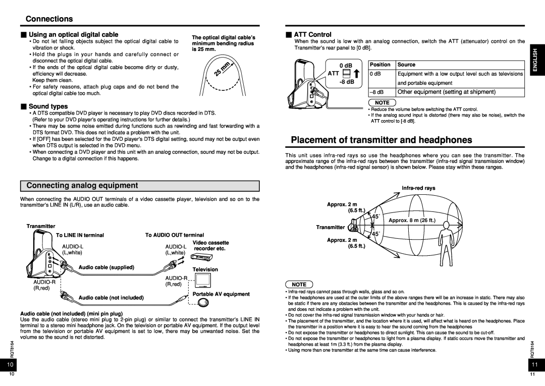 Panasonic RP-WH5000 manual Placement of transmitter and headphones, Connections, Connecting analog equipment, ATT Control 