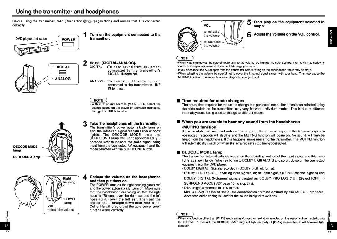 Panasonic RP-WH5000 manual Using the transmitter and headphones, Time required for mode changes, DECODE MODE lamp 