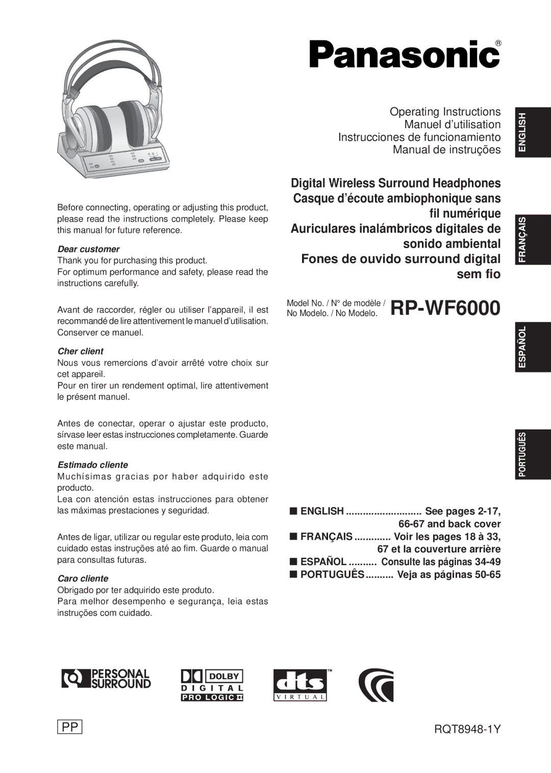 Panasonic RPWF6000 operating instructions Fones de ouvido surround digital sem fio 