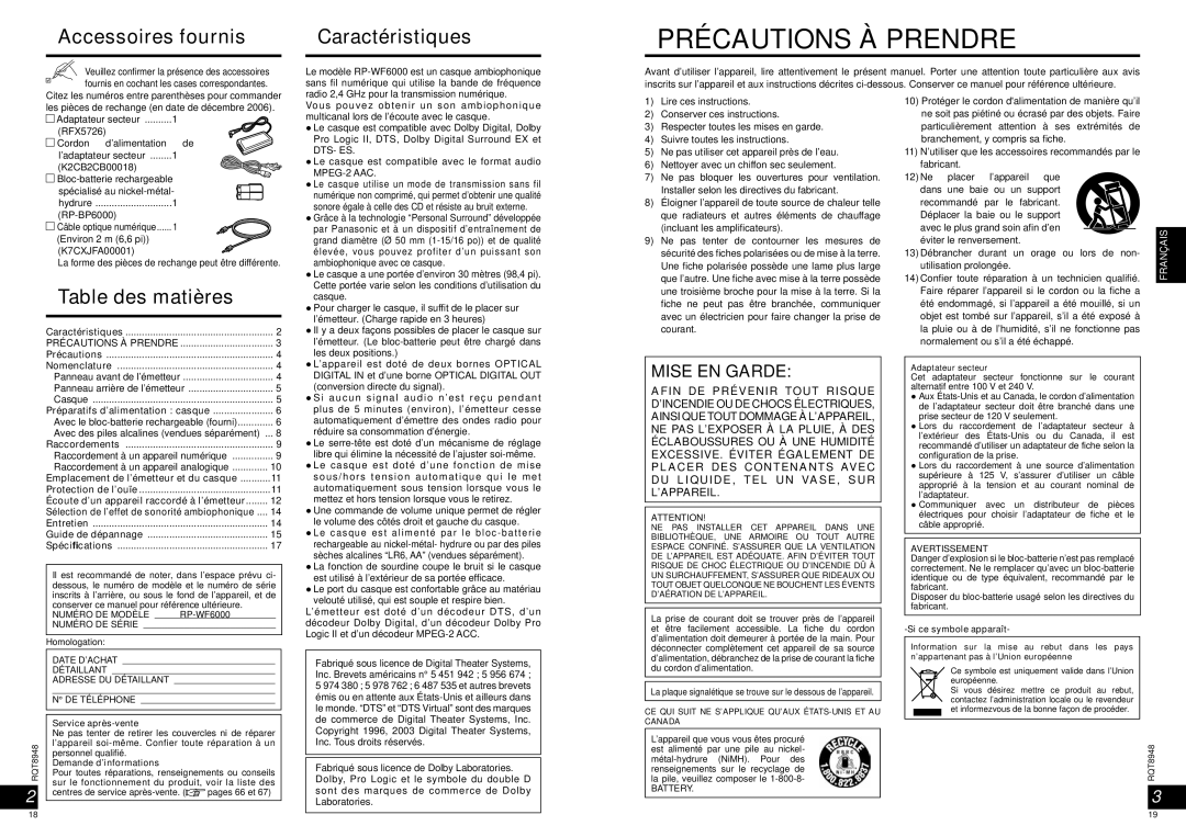 Panasonic RPWF6000 operating instructions Accessoires fournis, Caractéristiques, Table des matières, Si ce symbole apparaît 