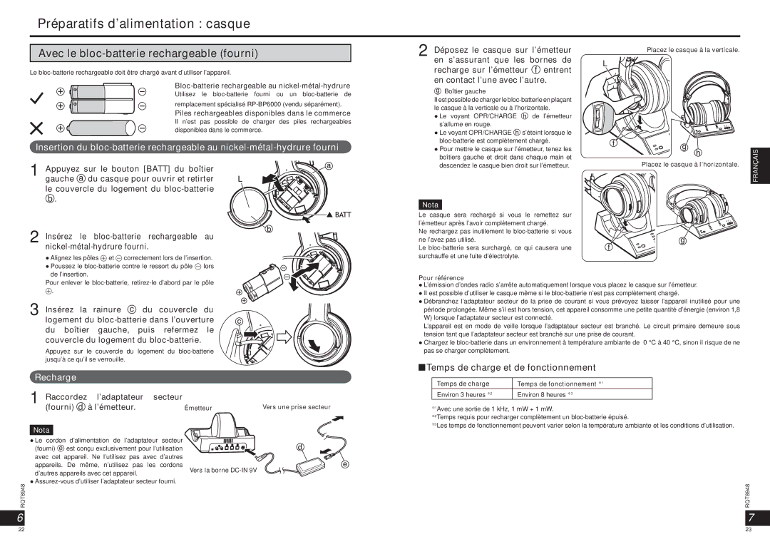 Panasonic RPWF6000 Préparatifs d’alimentation casque, Avec le bloc-batterie rechargeable fourni, Recharge 