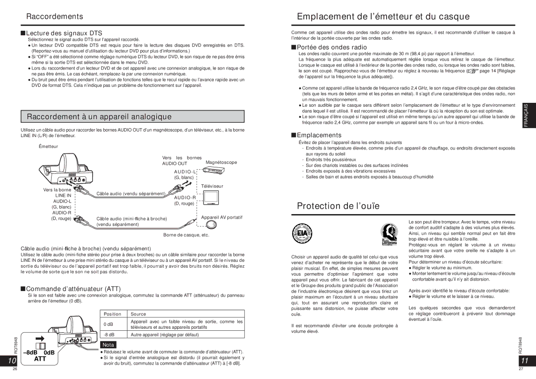 Panasonic RPWF6000 operating instructions Emplacement de l’émetteur et du casque, Protection de l’ouïe, Raccordements 