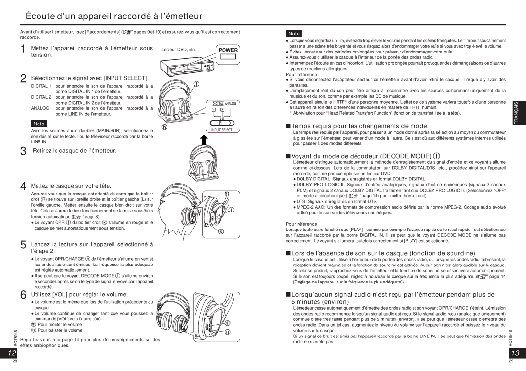 Panasonic RPWF6000 Écoute d’un appareil raccordé à l’émetteur, Temps requis pour les changements de mode 