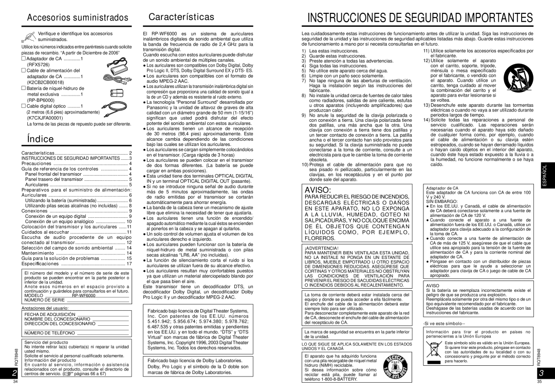 Panasonic RPWF6000 operating instructions Características, Índice 