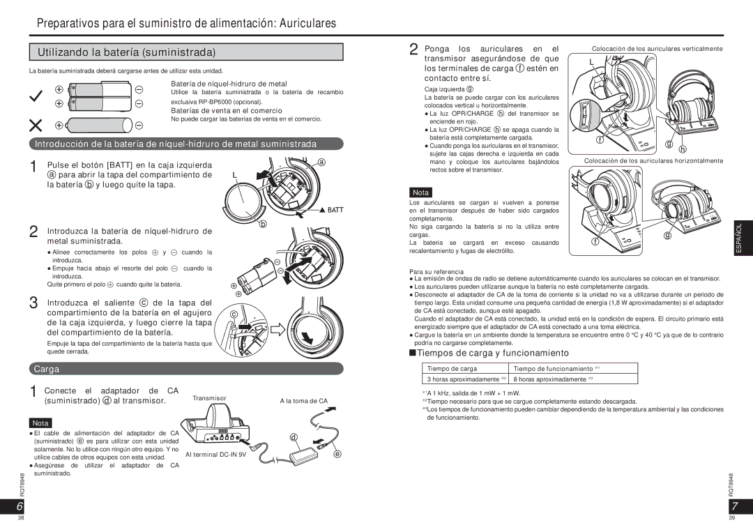 Panasonic RPWF6000 operating instructions Utilizando la batería suministrada, Tiempos de carga y funcionamiento, Carga 