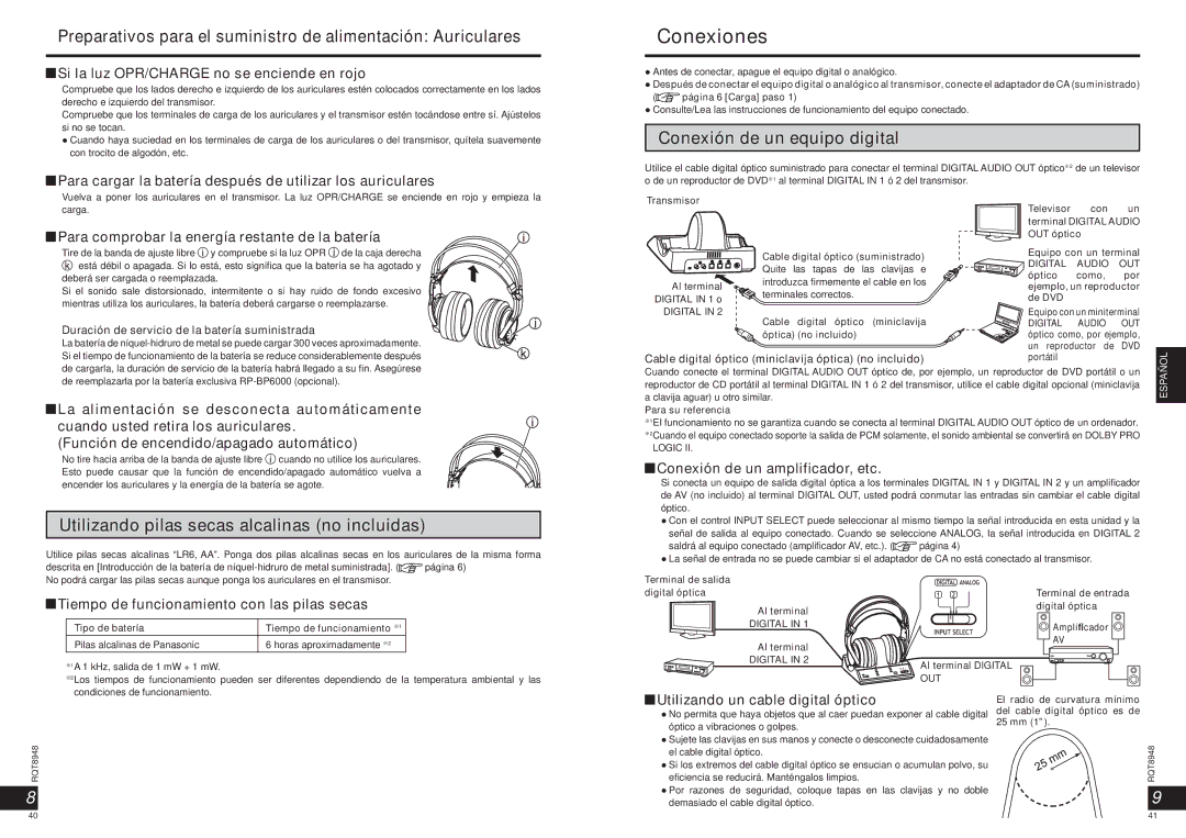 Panasonic RPWF6000 Conexiones, Preparativos para el suministro de alimentación Auriculares, Conexión de un equipo digital 