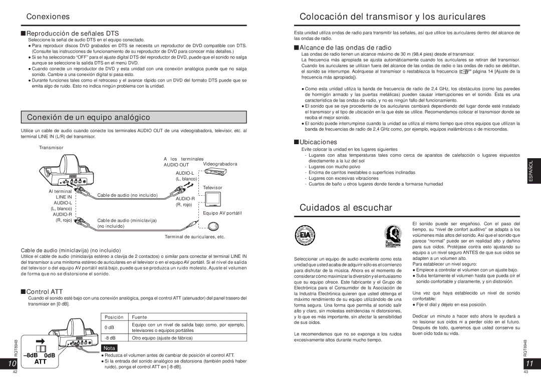 Panasonic RPWF6000 operating instructions Colocación del transmisor y los auriculares, Cuidados al escuchar, Conexiones 