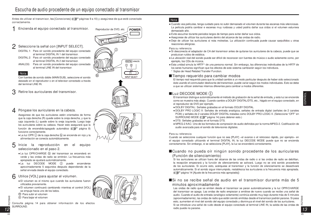 Panasonic RPWF6000 operating instructions Tiempo requerido para cambiar modos, Luz Decode Mode l 