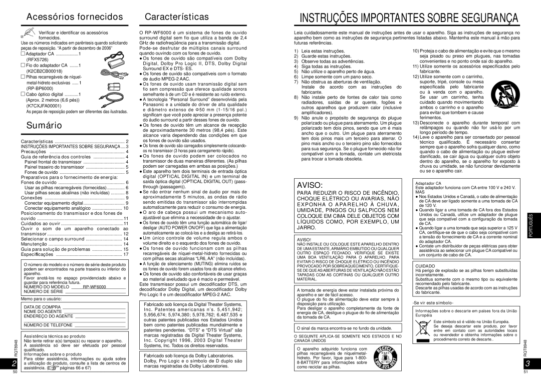 Panasonic RPWF6000 operating instructions Acessórios fornecidos, Sumário 