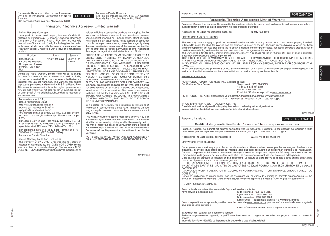 Panasonic RPWF6000 operating instructions For U.S.A 