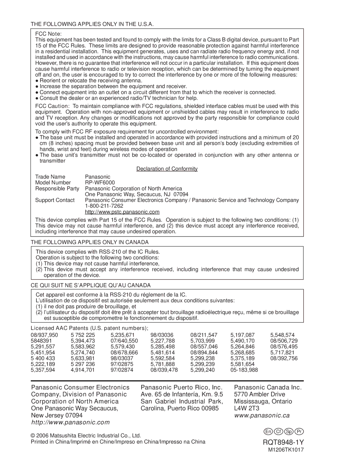 Panasonic RPWF6000 operating instructions Panasonic Consumer Electronics Panasonic Puerto Rico, Inc 