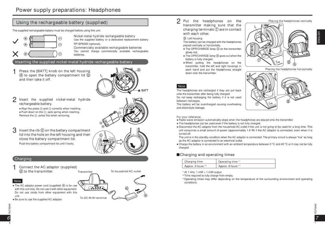 Panasonic RPWF6000 Power supply preparations Headphones, Using the rechargeable battery supplied, Charging 