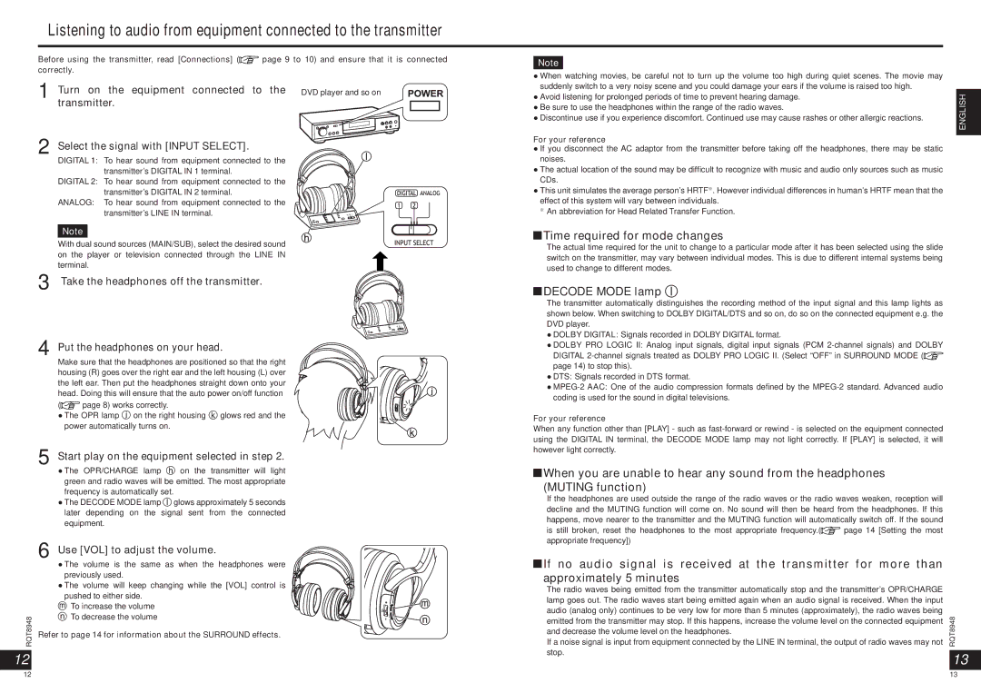 Panasonic RPWF6000 operating instructions Time required for mode changes, Decode Mode lamp l 