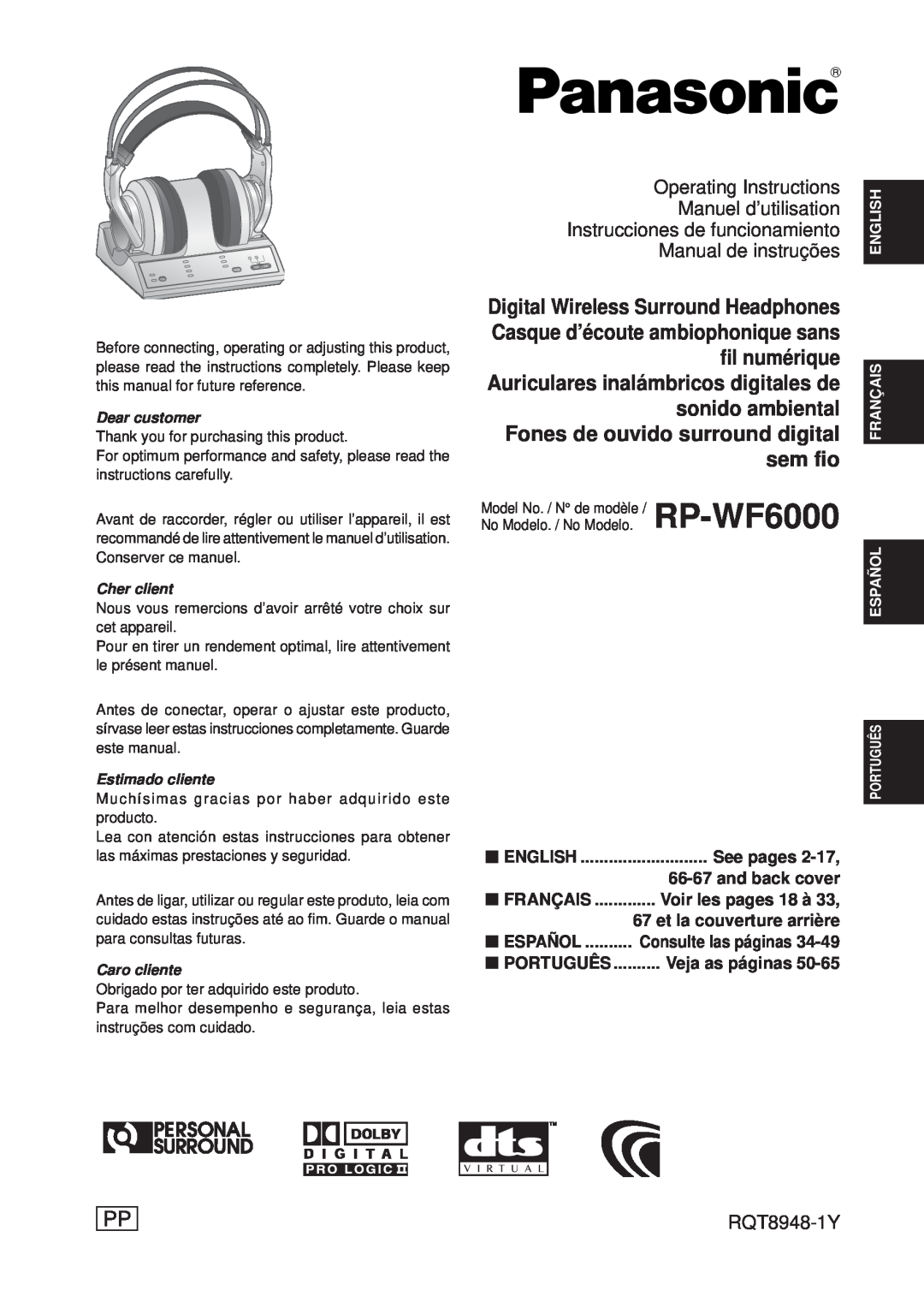 Panasonic RPWF6000 operating instructions RQT8948-1Y, See pages, 66-67and back cover, Voir les pages 18 à, Español 