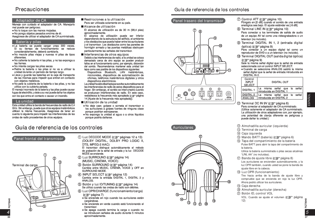 Panasonic RPWF6000 Precauciones, Guía de referencia de los controles, Adaptador de CA, Batería y pilas, La unidad 