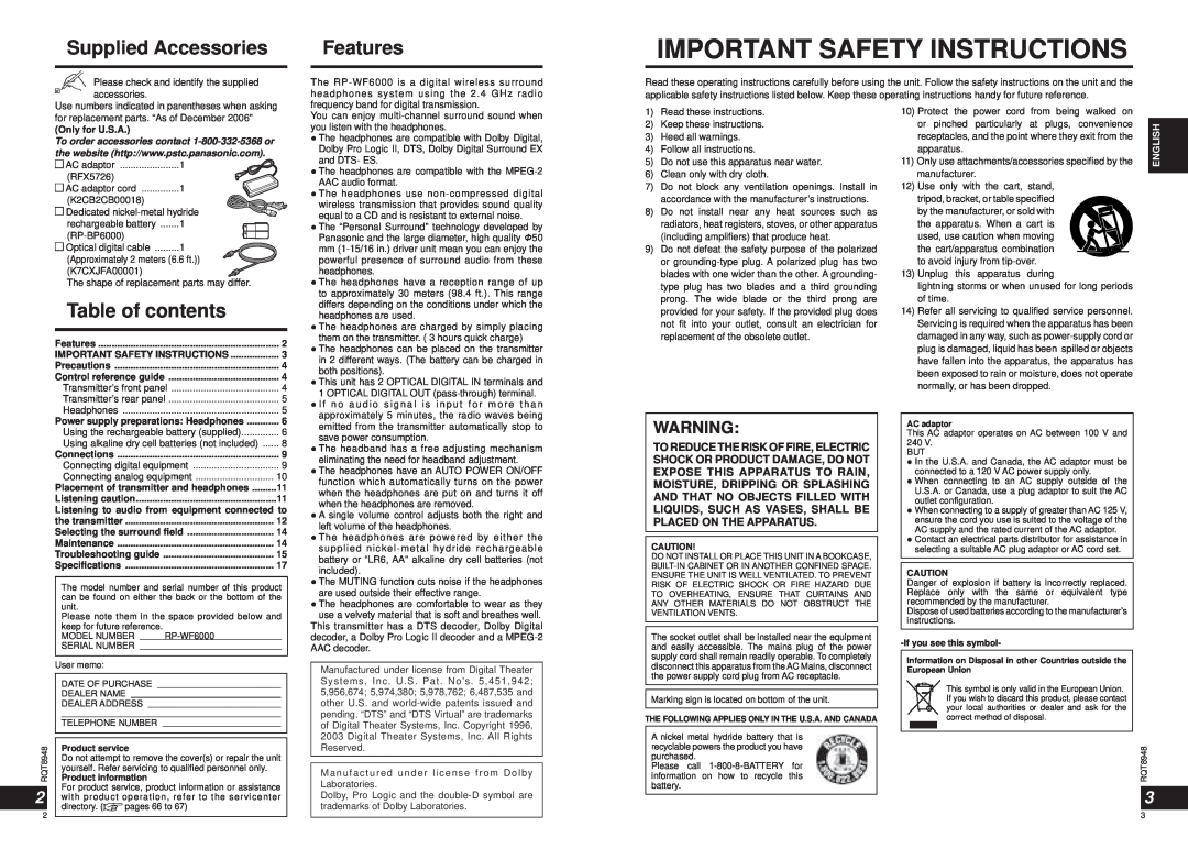 Panasonic RPWF6000 Important Safety Instructions, Supplied Accessories, Features, Table of contents, English 