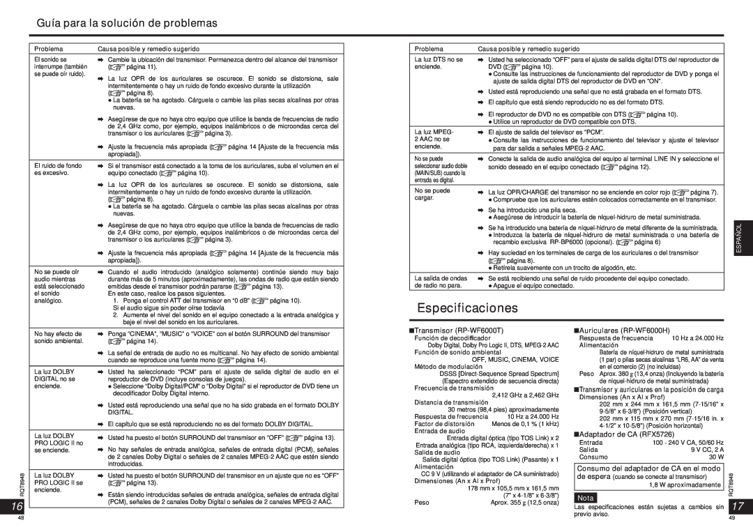Panasonic RPWF6000 operating instructions Especificaciones, Guía para la solución de problemas, Nota 