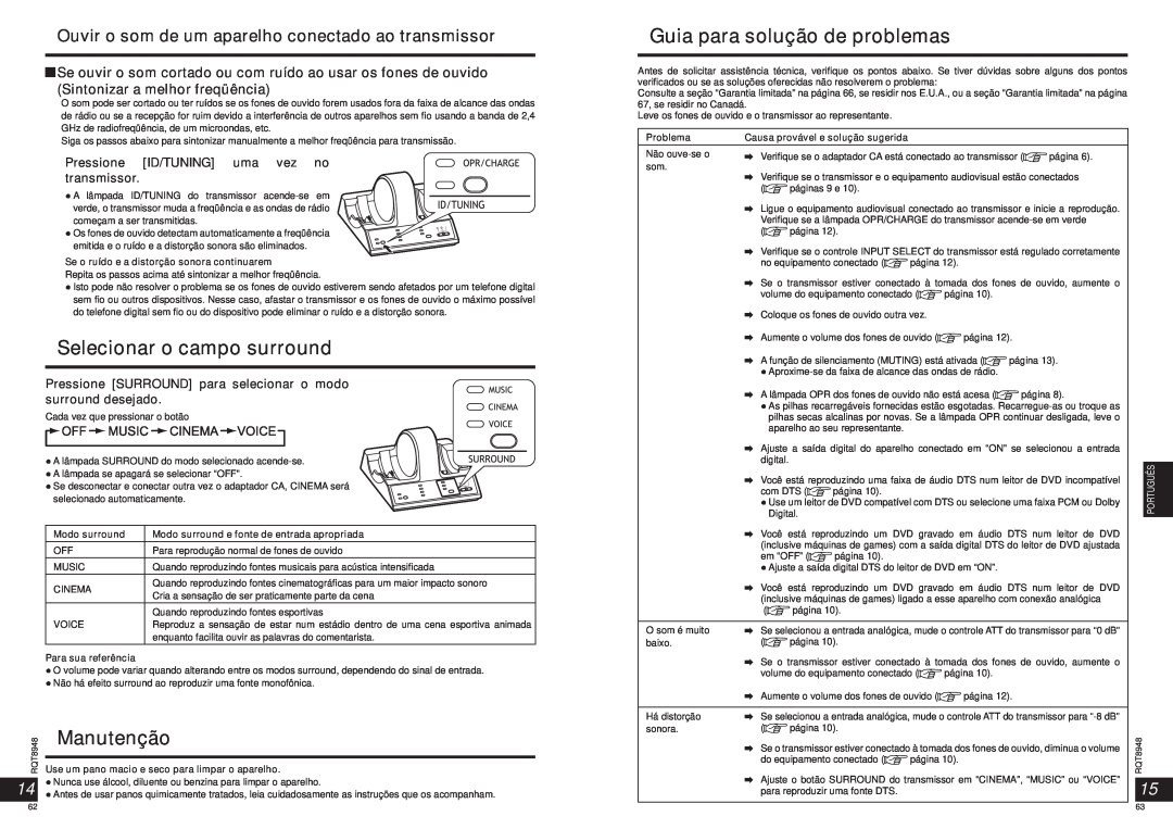 Panasonic RPWF6000 operating instructions Selecionar o campo surround, Manutenção, Guia para solução de problemas 