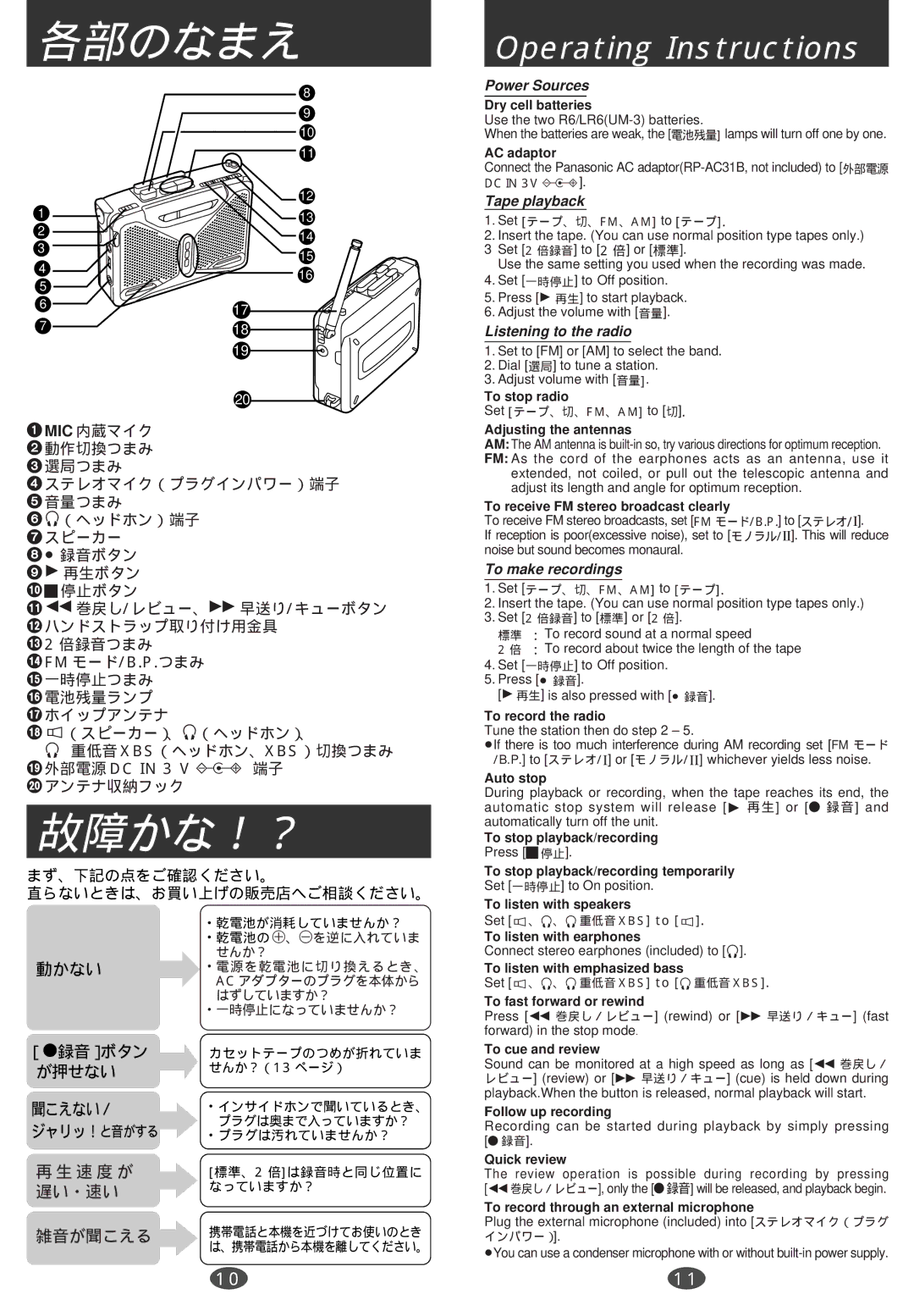 Panasonic RQ-A300 manual 各部のなまえ, 故障かな！？ 