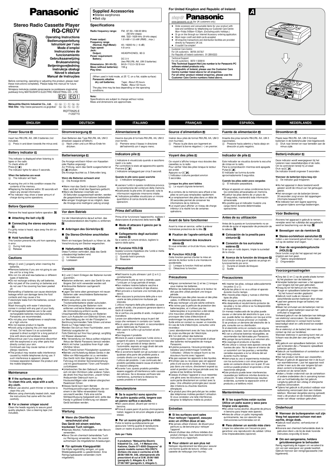 Panasonic RQ-CR07V specifications For United Kingdom and Republic of Ireland, Battery indicator B, Before Operation 