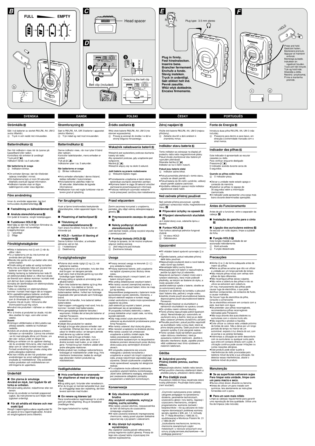 Panasonic RQ-CR07V Plug in firmly, Encaixe firmemente, Strö mkä lla a Strømforsyning a Œródìo zasilania a, Underhå ll 