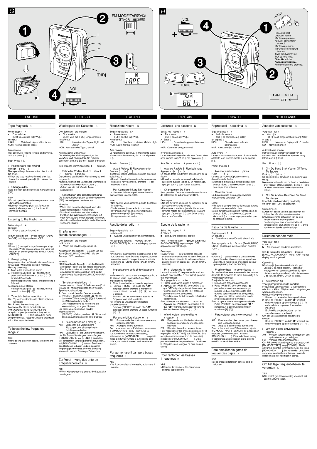 Panasonic RQ-CR07V Tape Playback G, Listening to the Radio H, Wiedergabe der Kassette G, Ripetizione Nastro G 