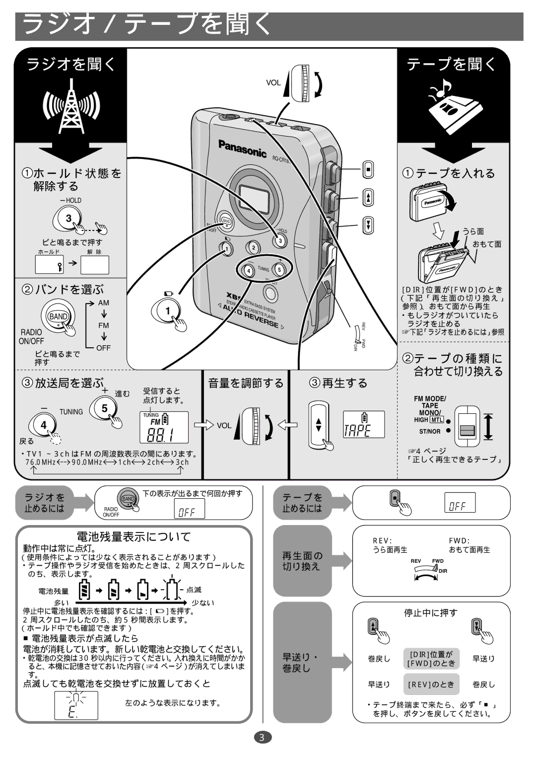 Panasonic RQ-CR18V manual 動作中は常に点灯。, 電池残量表示が点滅したら 電池が消耗しています。新しい乾電池と交換してください。, 点滅しても乾電池を交換せずに放置しておくと, 停止中に押す 