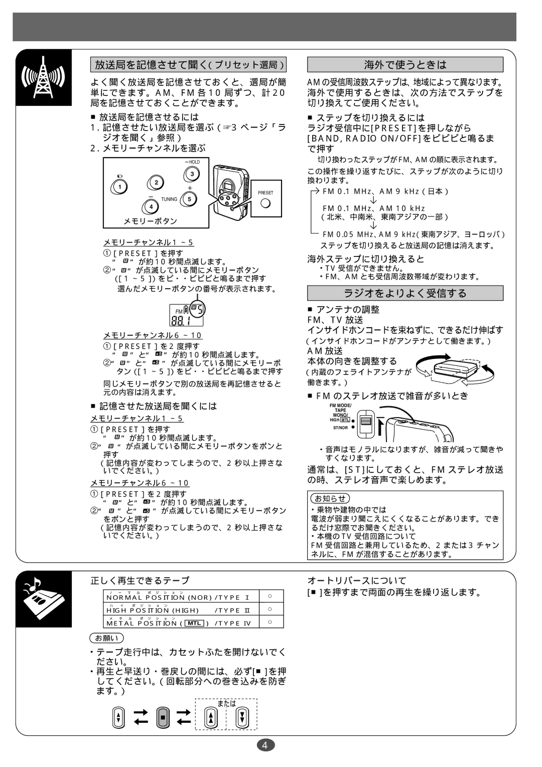 Panasonic RQ-CR18V manual 放送局を記憶させて聞く（プリセット選局）, 海外で使うときは, ラジオをよりよく受信する 