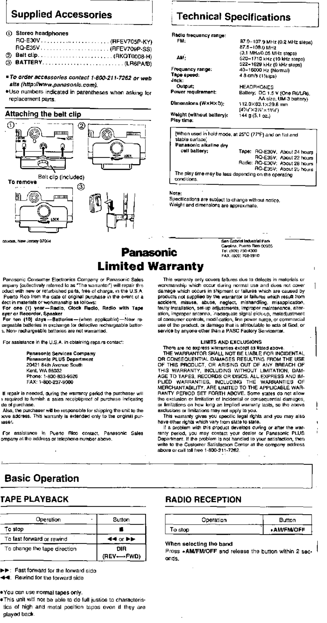 Panasonic RQ-E30V manual 