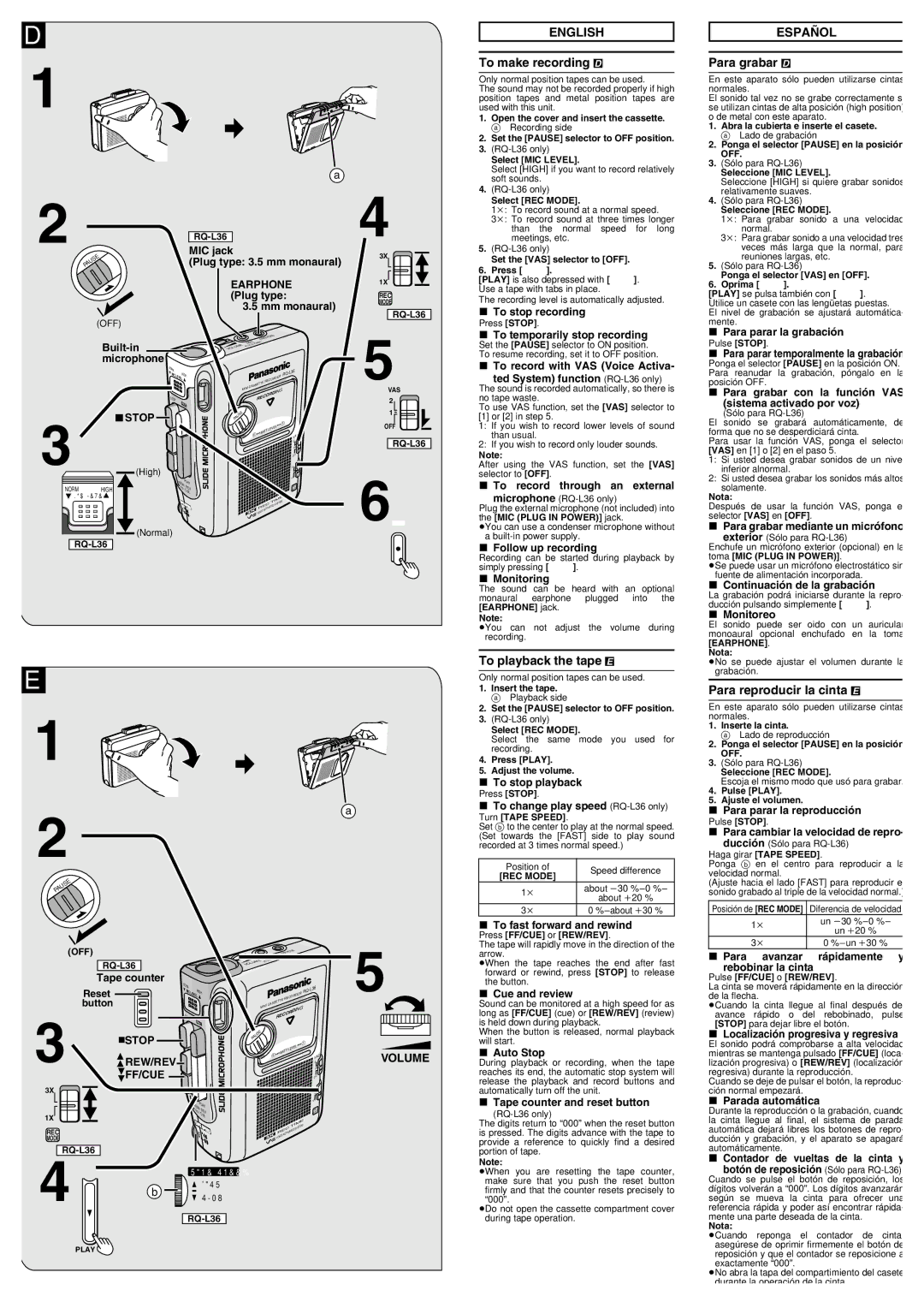 Panasonic RQ-L36 specifications To make recording D, Para grabar D, To playback the tape E, Para reproducir la cinta E 